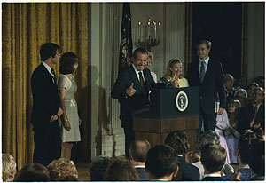 Nixon addressing his cabinet and White House staff prior to his departure, Aug. 9,1974.